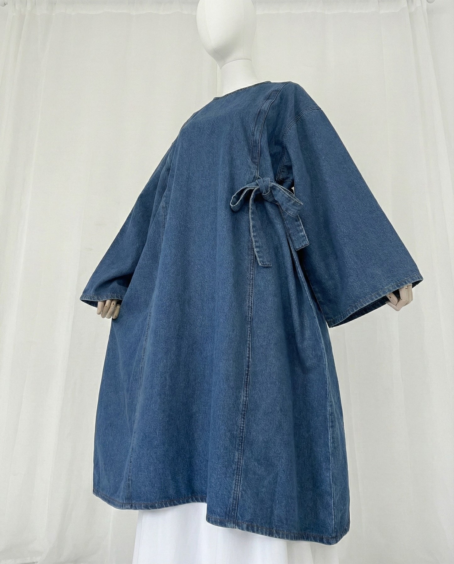 Lunara – Blue Denim Wrap-Style Dress with Side Tie