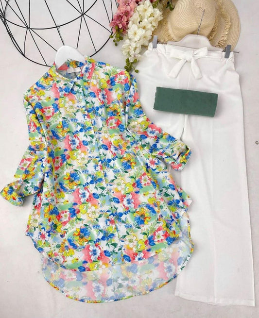 Floral Poly Rayon Tunic Shirt Set with Gaj Button and Plazzo