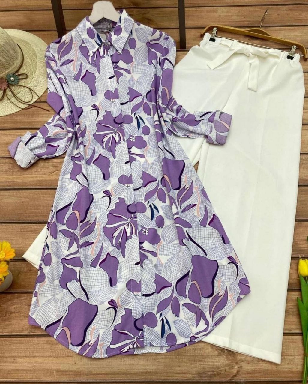 Rayon Co-ord Set with Digital Leaf Print