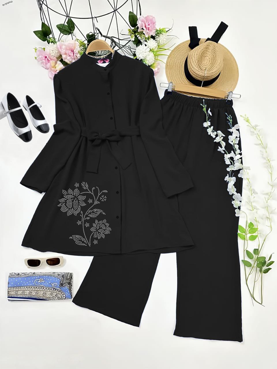 Rayon Kurti Co-ord Set with Diamond Work and Belted Style