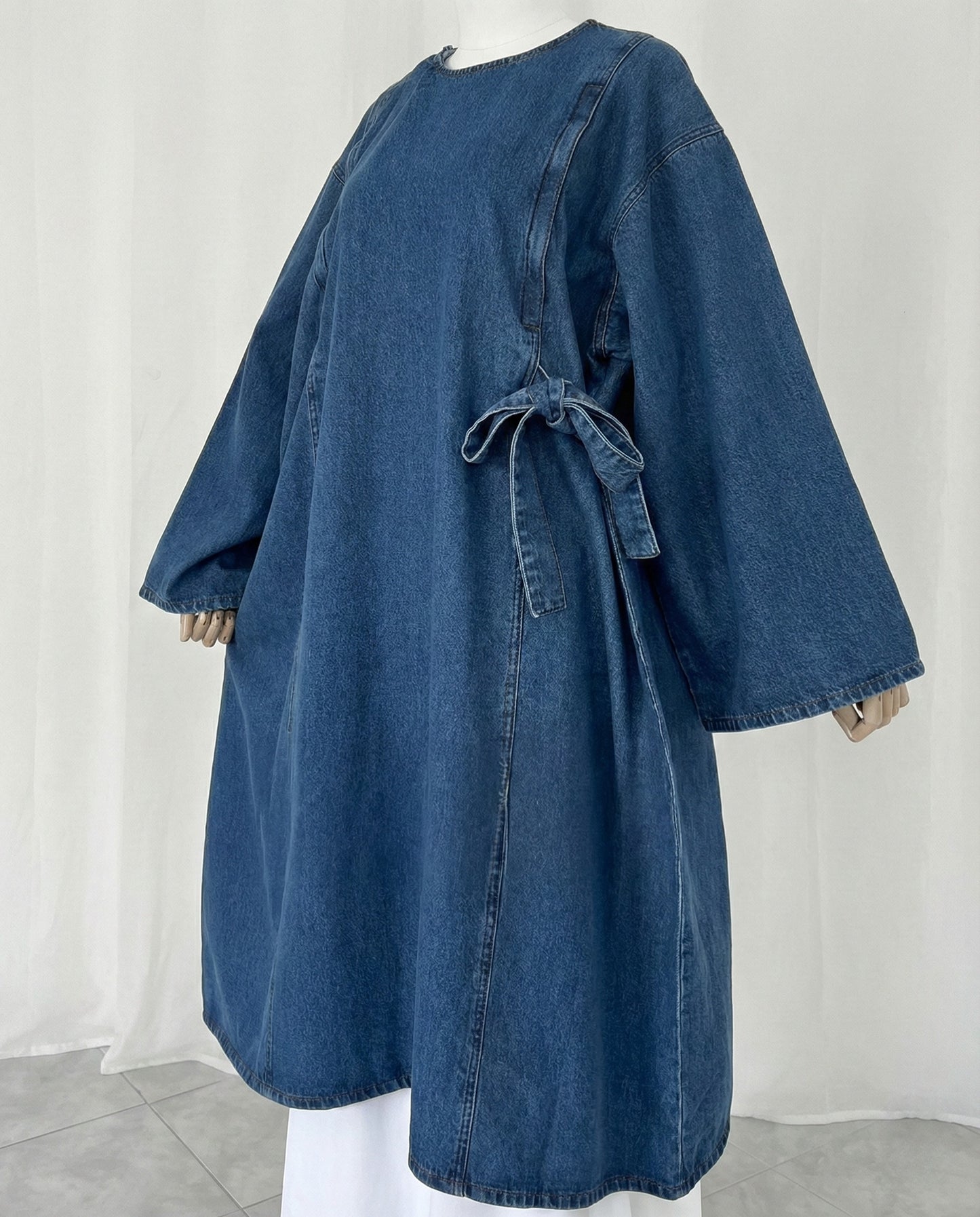 Lunara – Blue Denim Wrap-Style Dress with Side Tie