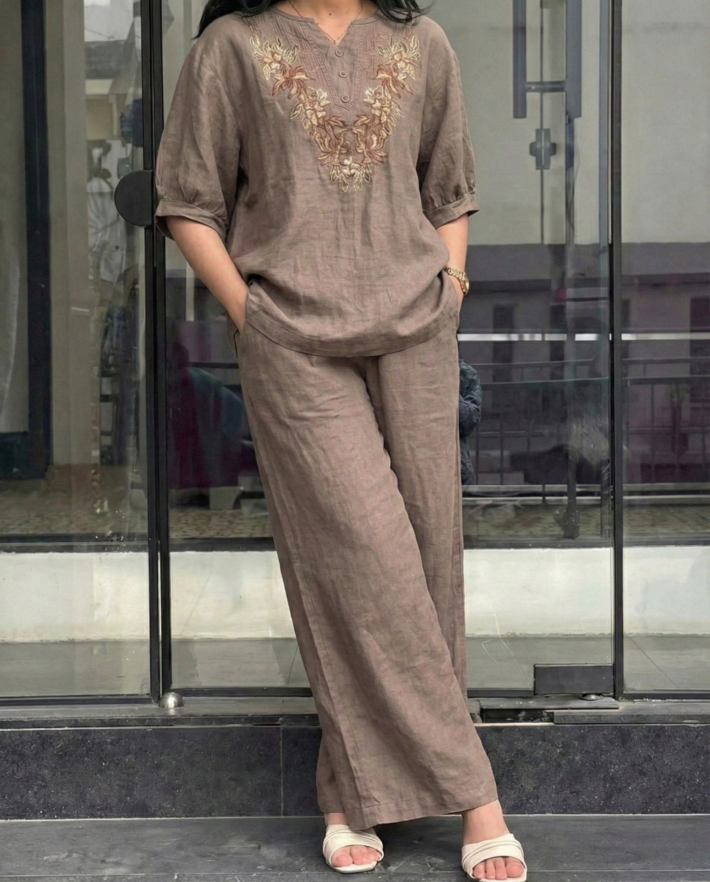 Harper – Warm Taupe Brown Roman Fabric Comfort Co Ord Sets