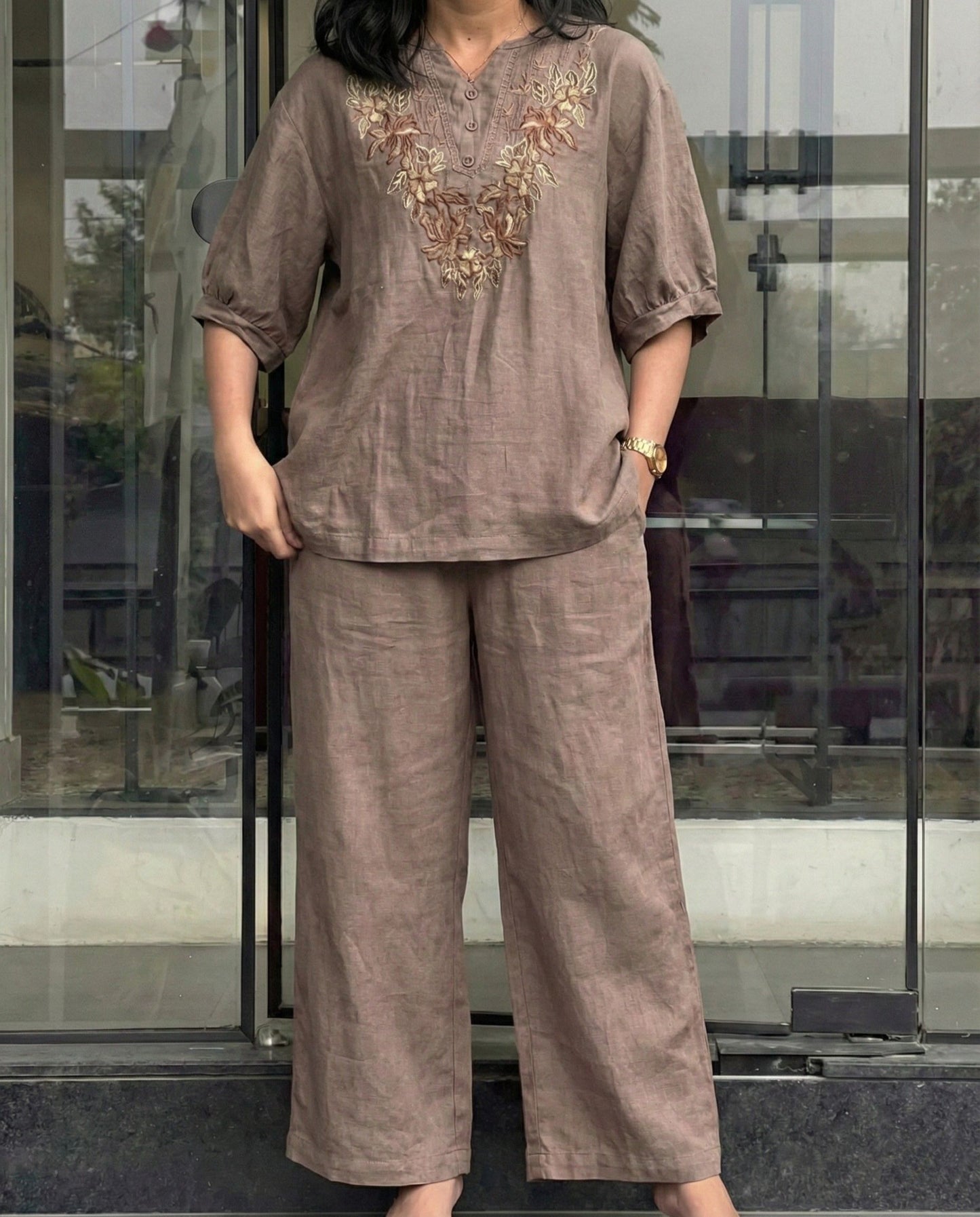 Harper – Warm Taupe Brown Roman Fabric Comfort Co Ord Sets