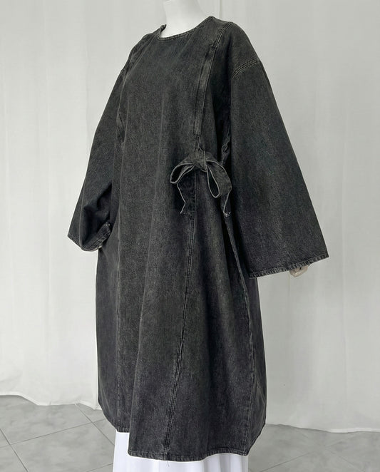 Lunara – Black Denim Wrap-Style Dress with Side Tie