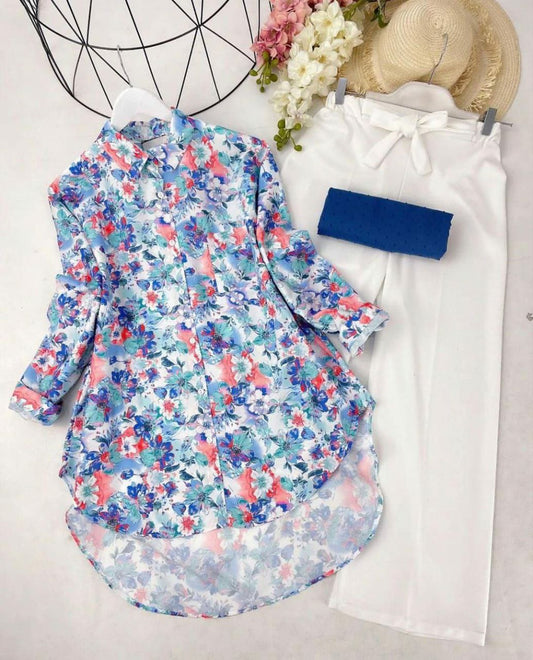 Floral Poly Rayon Tunic Shirt Set with Gaj Button and Plazzo