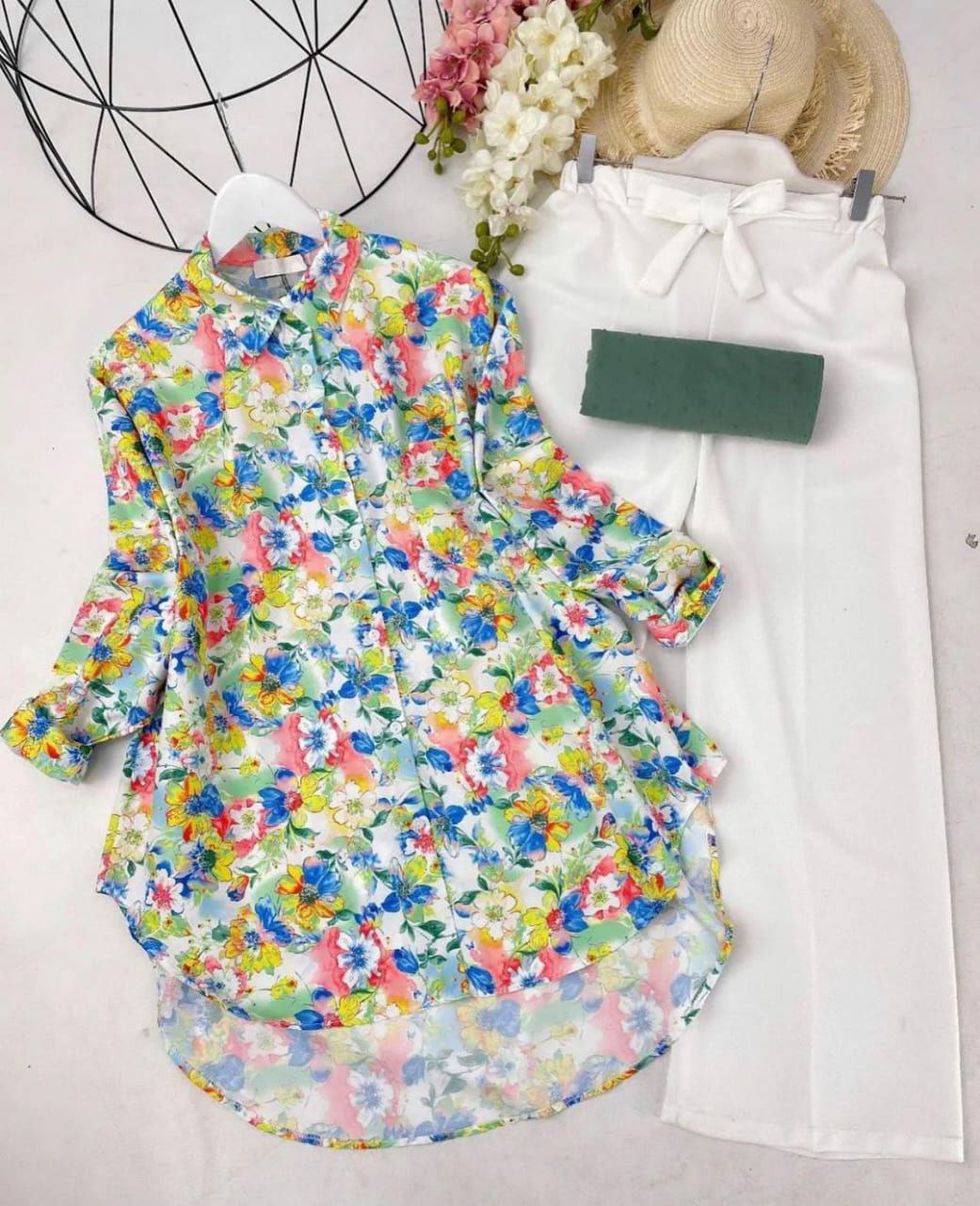 Floral Poly Rayon Tunic Shirt Set with Gaj Button and Plazzo