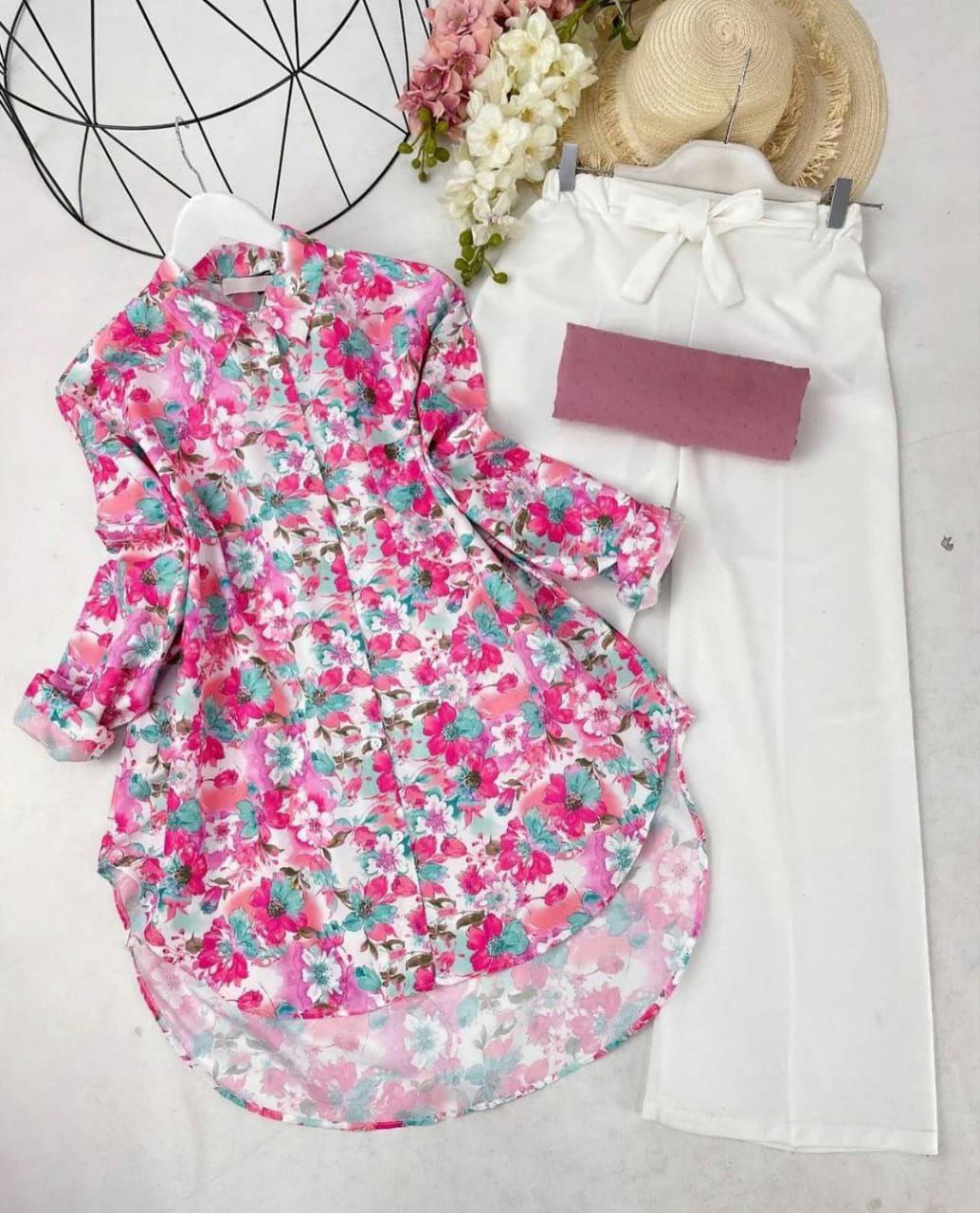 Floral Poly Rayon Tunic Shirt Set with Gaj Button and Plazzo