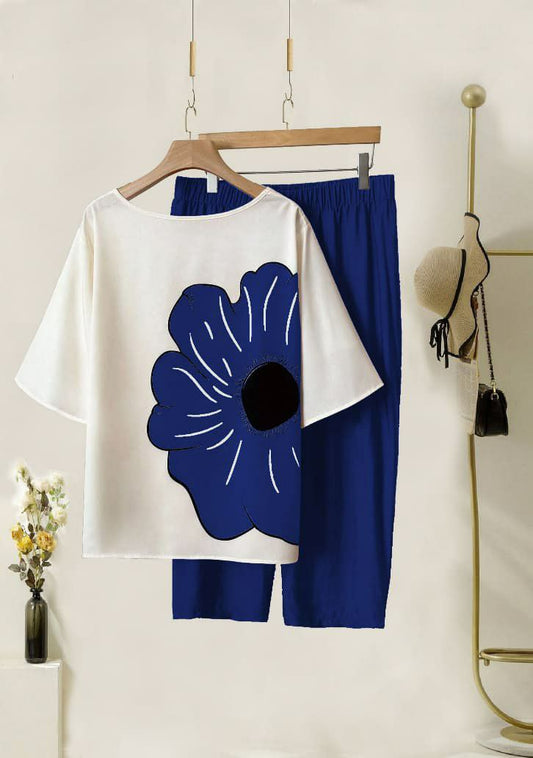 Lycra Co-ord Set with Blue Digital Printed Flower Design