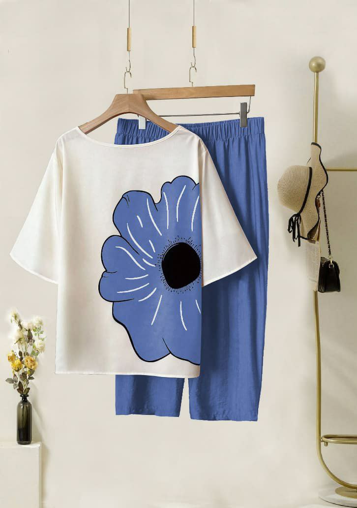 Lycra Co-ord Set with Blue Digital Printed Flower Design