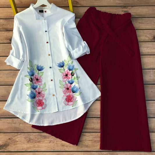 Poly Rayon Co-ord Set with Floral Digital Print and Gaj Buttons