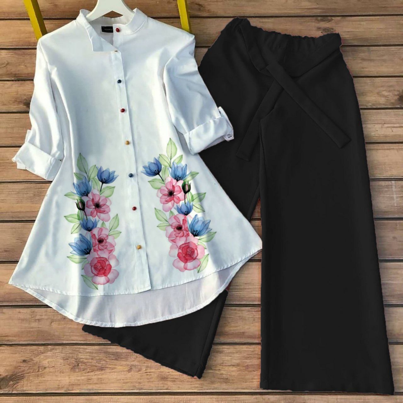 Poly Rayon Co-ord Set with Floral Digital Print and Gaj Buttons