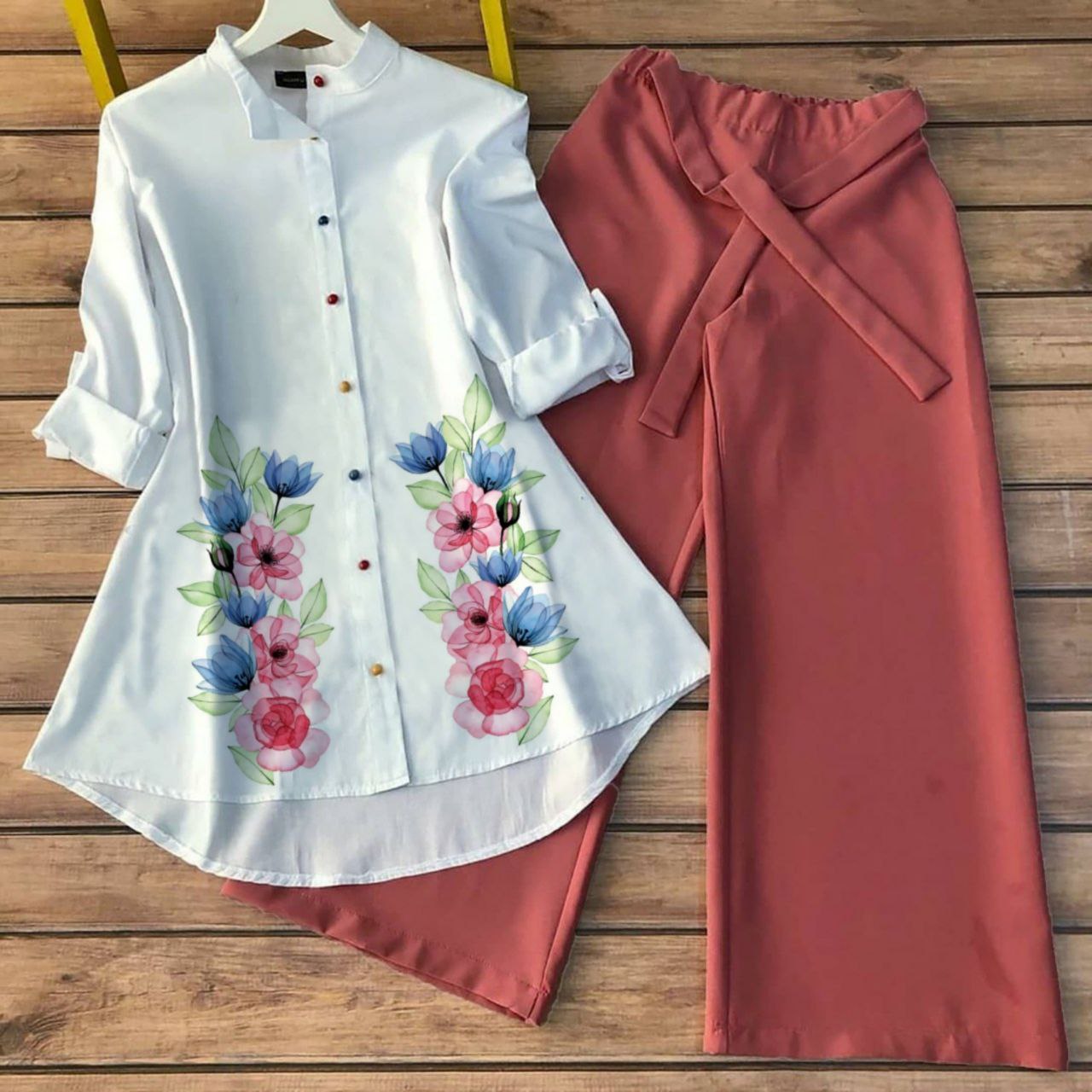 Poly Rayon Co-ord Set with Floral Digital Print and Gaj Buttons