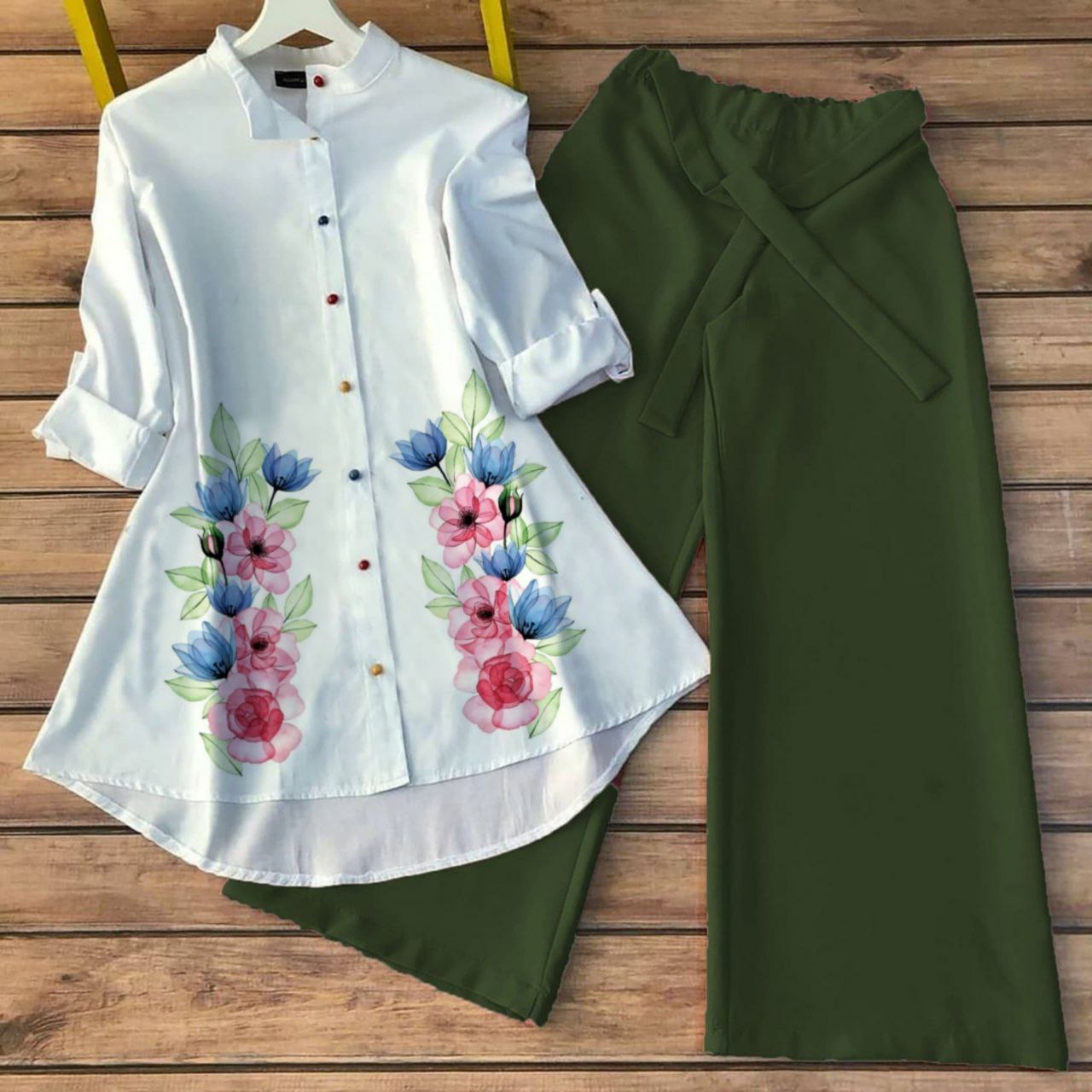 Poly Rayon Co-ord Set with Floral Digital Print and Gaj Buttons