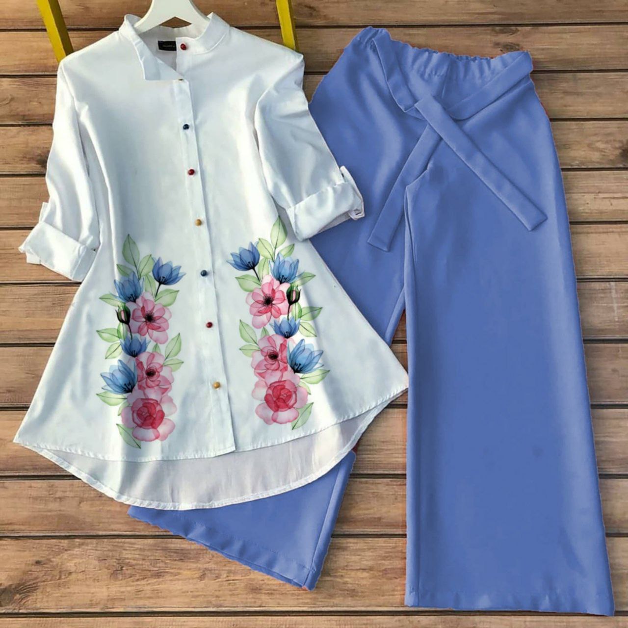 Poly Rayon Co-ord Set with Floral Digital Print and Gaj Buttons