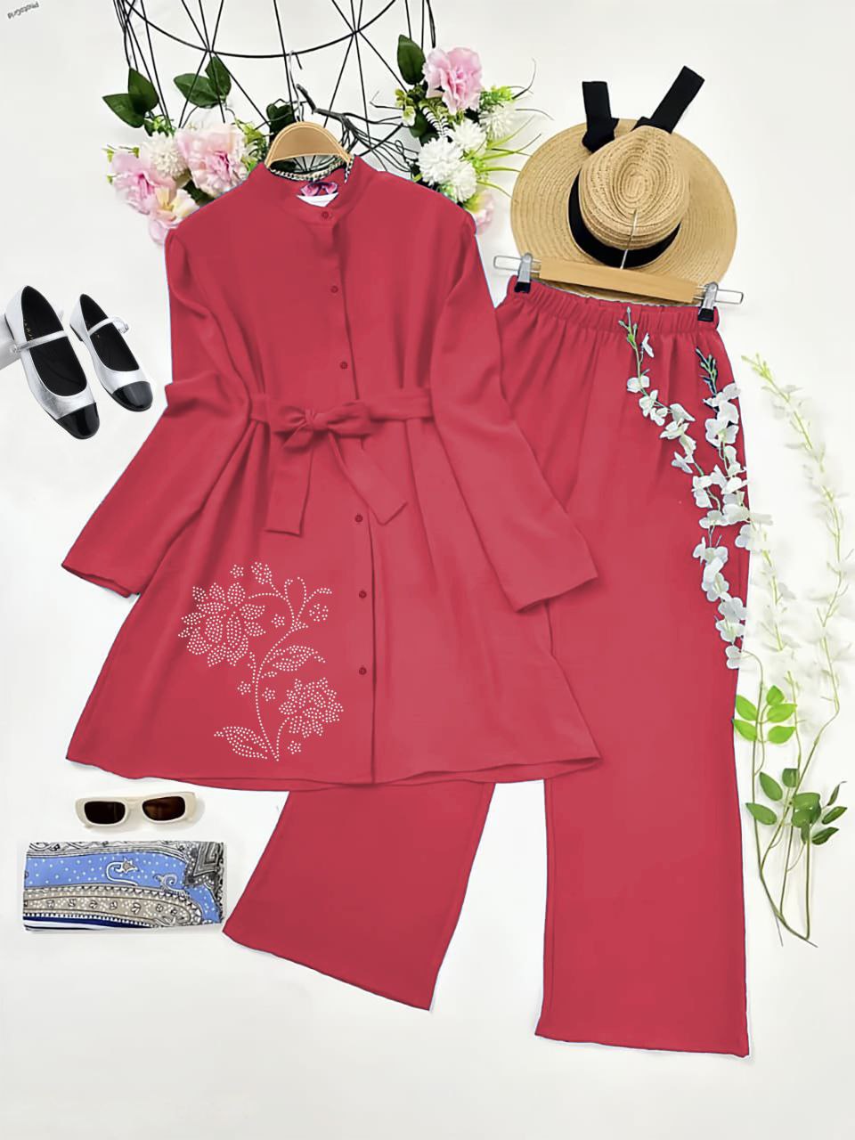 Rayon Kurti Co-ord Set with Diamond Work and Belted Style