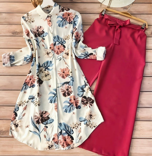 Rayon Kurti Set with White Floral Digital Print