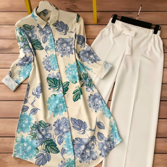 Rayon Kurti Set with White Floral Digital Print