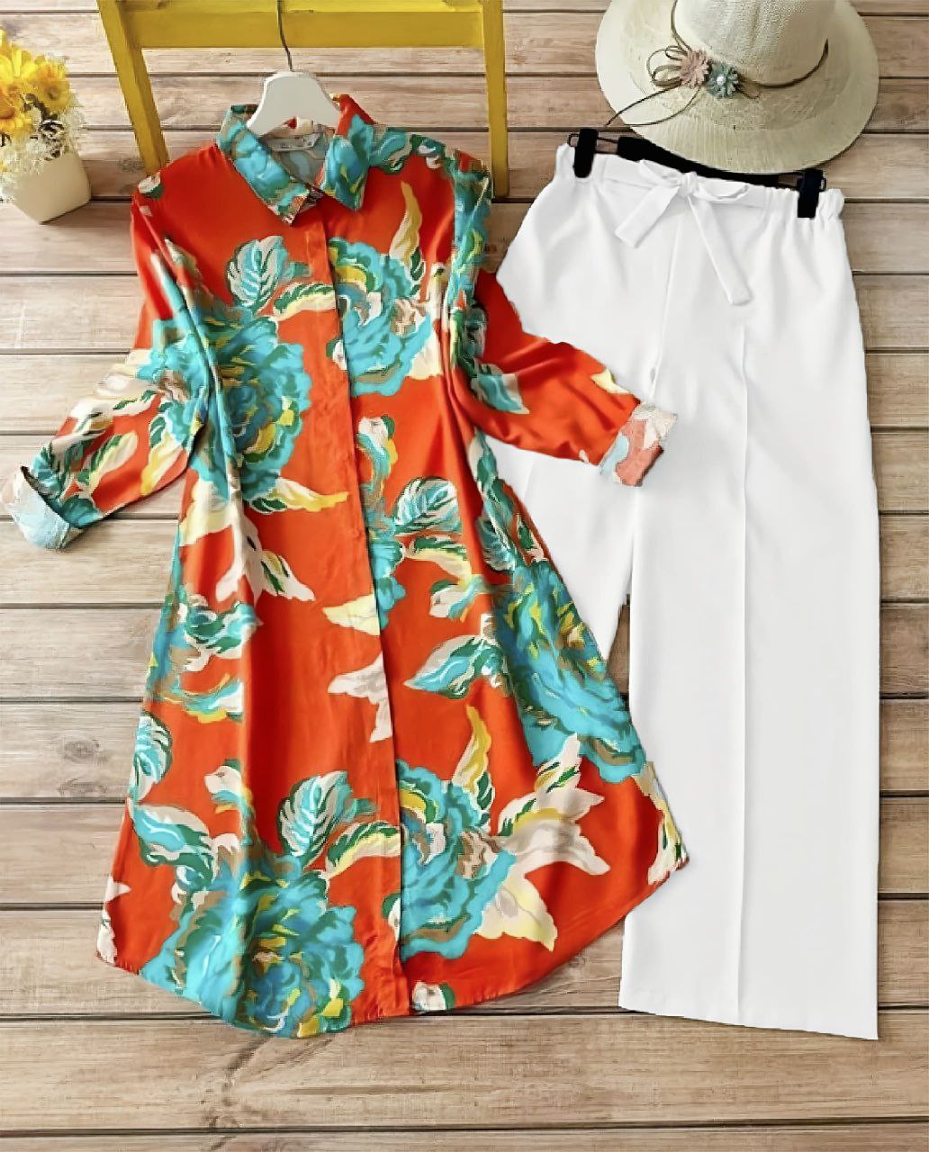 Rayon Kurti Set with White Floral Digital Print