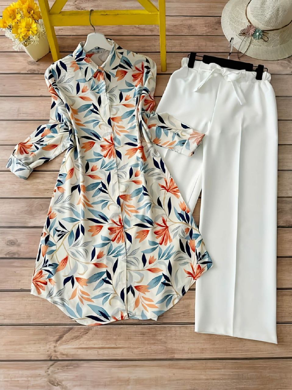 Rayon Kurti Set with White Floral Digital Print