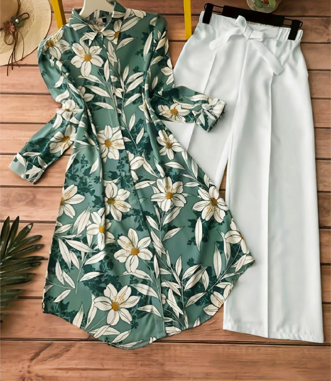 Rayon Kurti Set with White Floral Digital Print
