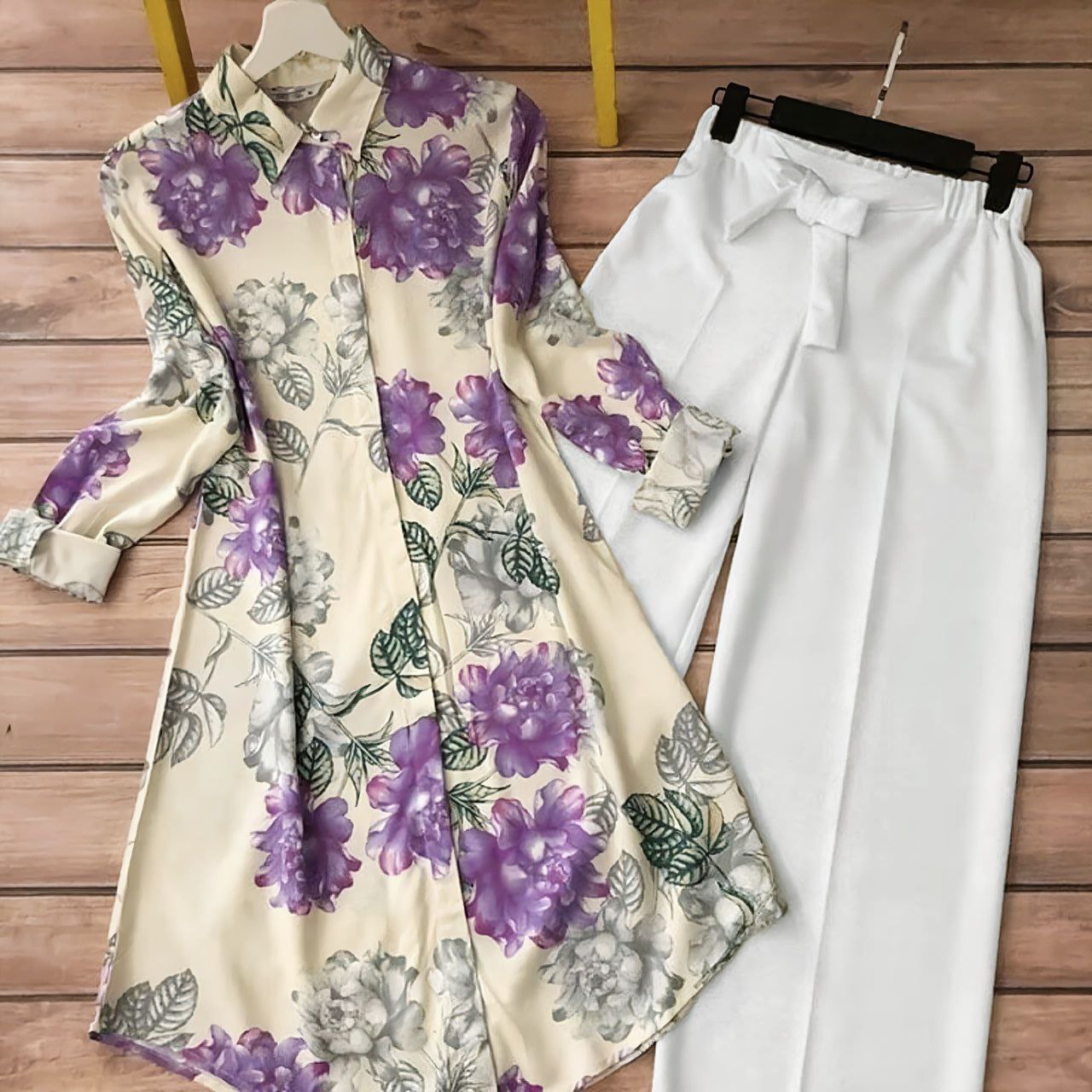 Rayon Kurti Set with White Floral Digital Print
