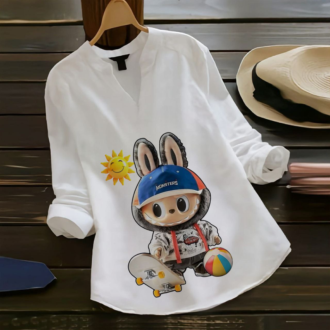 Rayon Labubu Printed Shirt Top (Collared Full Sleeve)