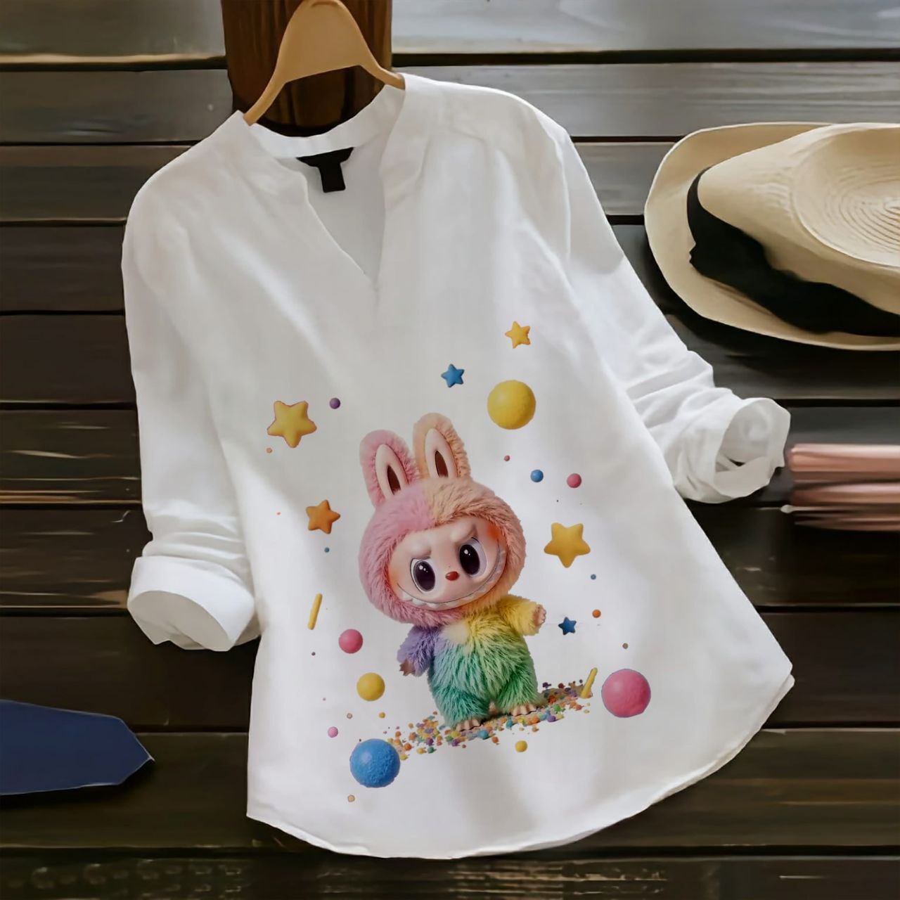 Rayon Labubu Printed Shirt Top (Collared Full Sleeve)