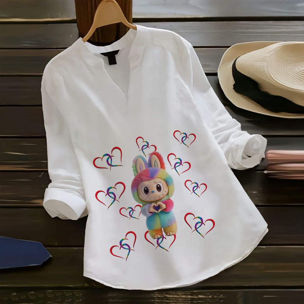 Rayon Labubu Printed Shirt Top (Collared Full Sleeve)
