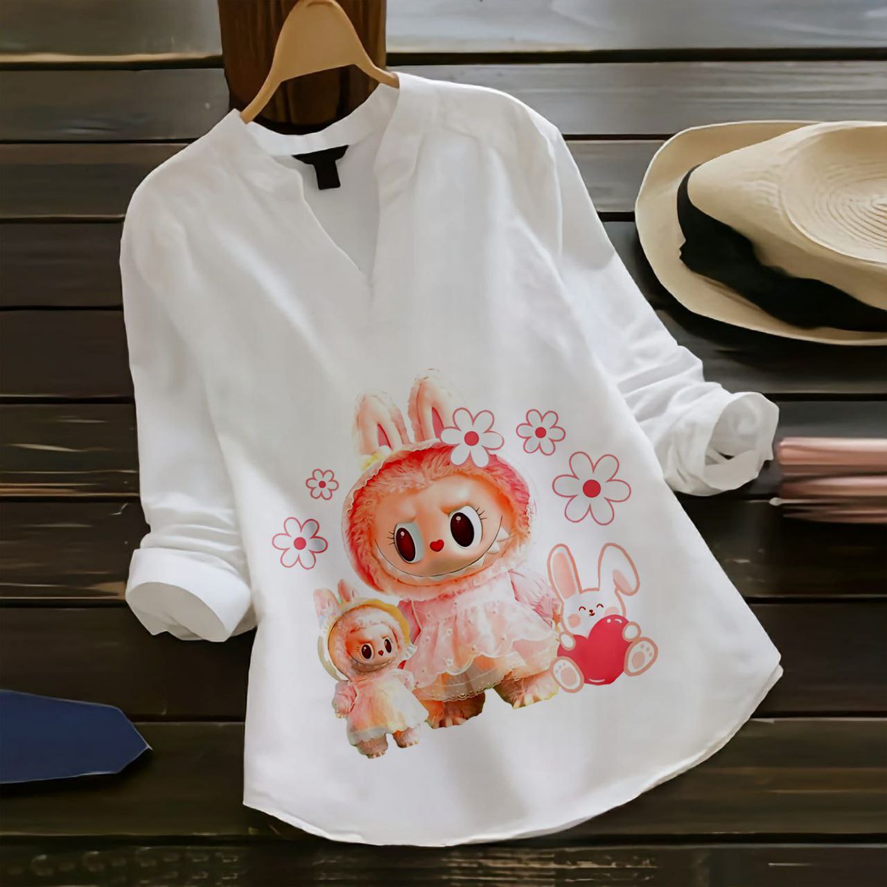 Rayon Labubu Printed Shirt Top (Collared Full Sleeve)