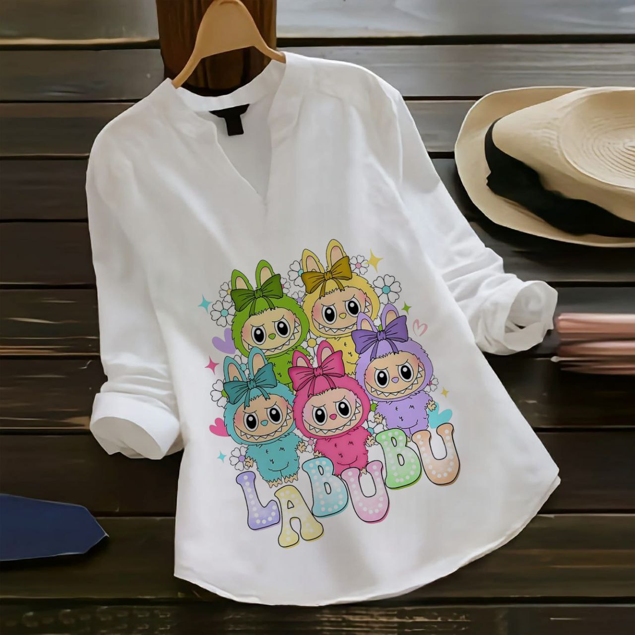 Rayon Labubu Printed Shirt Top (Collared Full Sleeve)