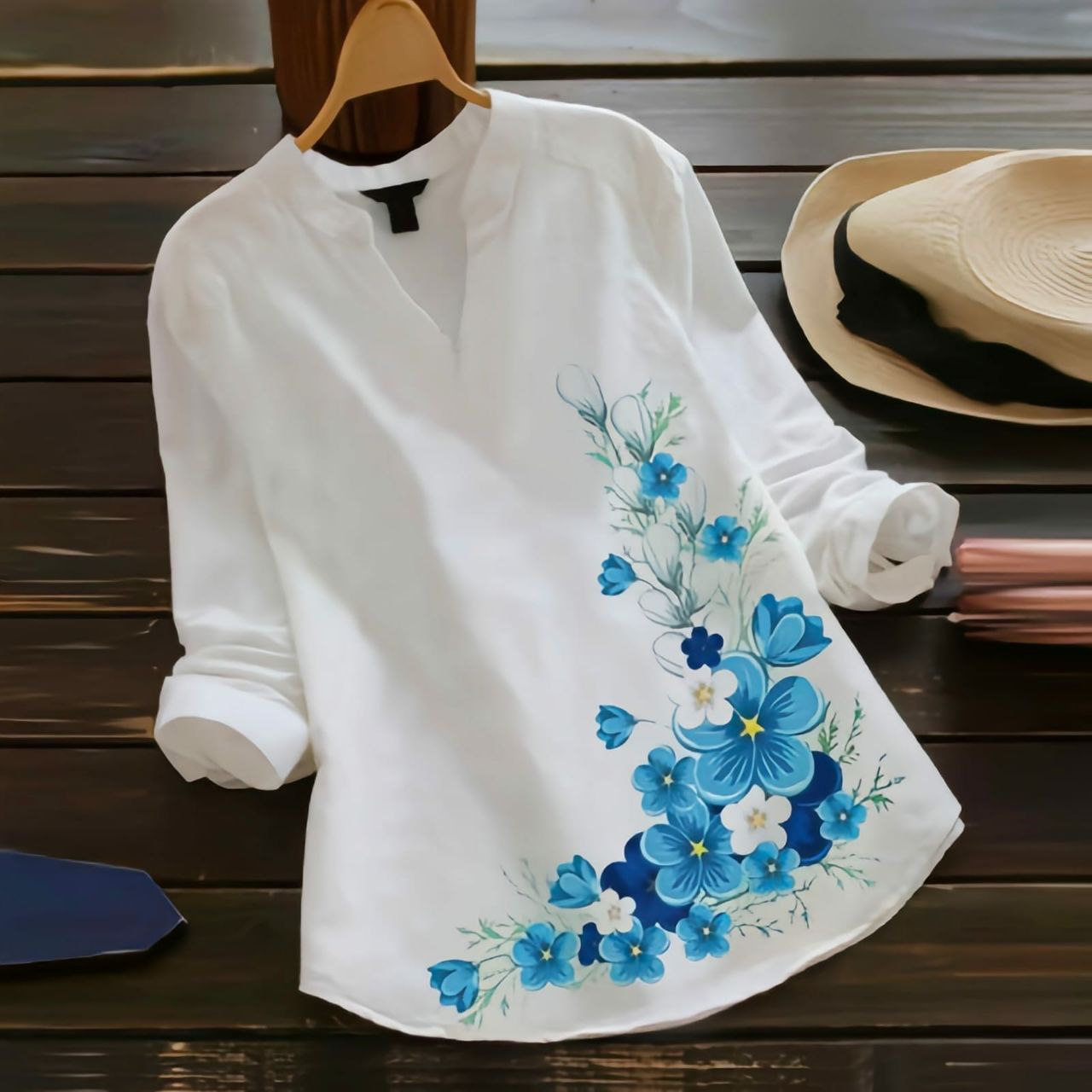 Rayon Top with Blue Floral Digital Print