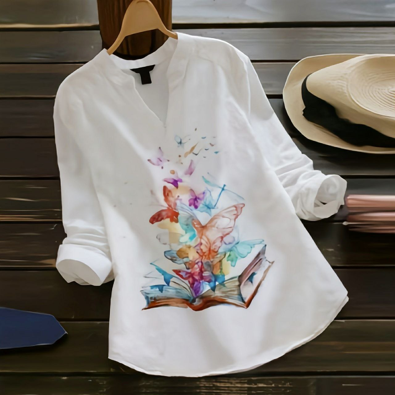 Rayon Top with Multicolor Butterfly Digital Print