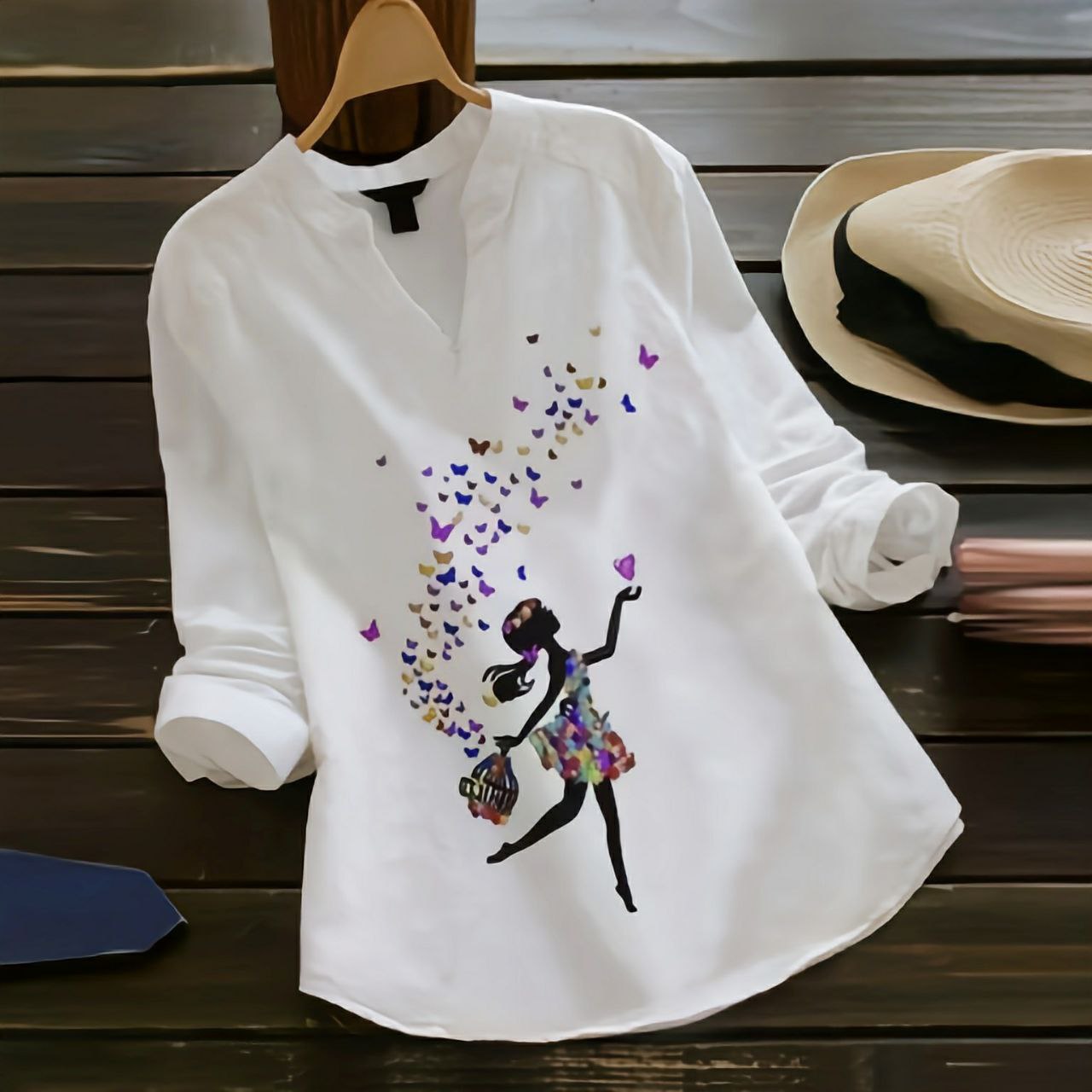 Rayon Top with Multicolor Butterfly Digital Print