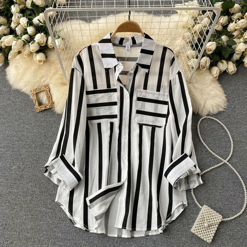 Rayon Top with Striped Digital Print and Dual Pockets
