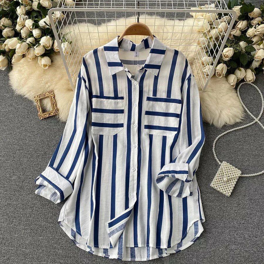 Rayon Top with Striped Digital Print and Dual Pockets
