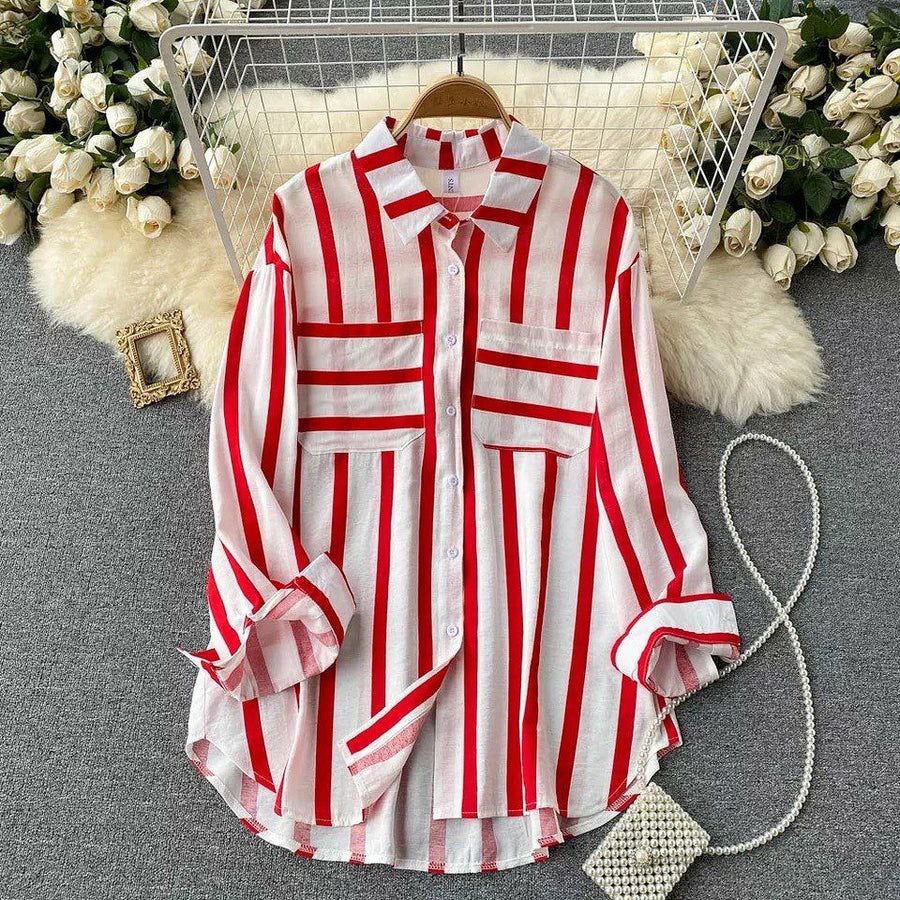 Rayon Top with Striped Digital Print and Dual Pockets