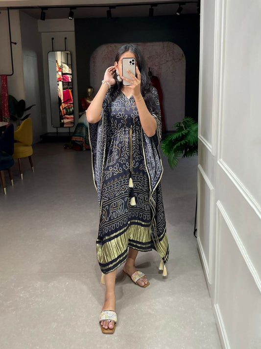 Satin Printed Kaftan with Gold Lace Detailing and Tassel Tie