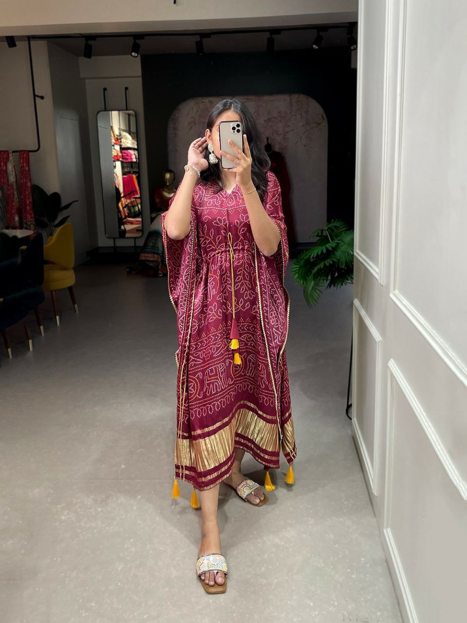 Satin Printed Kaftan with Gold Lace Detailing and Tassel Tie