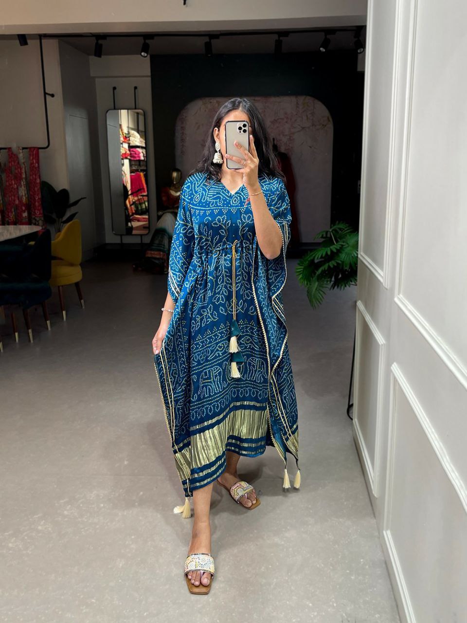 Satin Printed Kaftan with Gold Lace Detailing and Tassel Tie