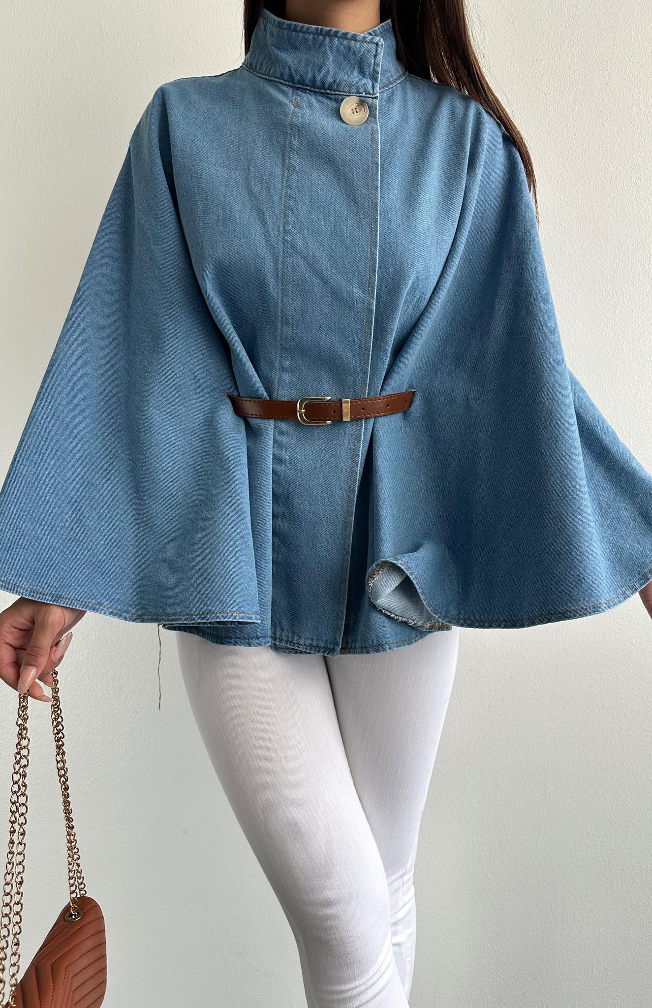 Denva – Blue Denim Co-ord Set with Belted Cape Jacket