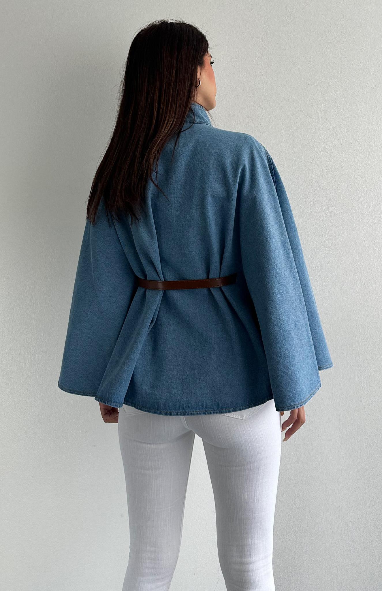 Denva – Blue Denim Co-ord Set with Belted Cape Jacket
