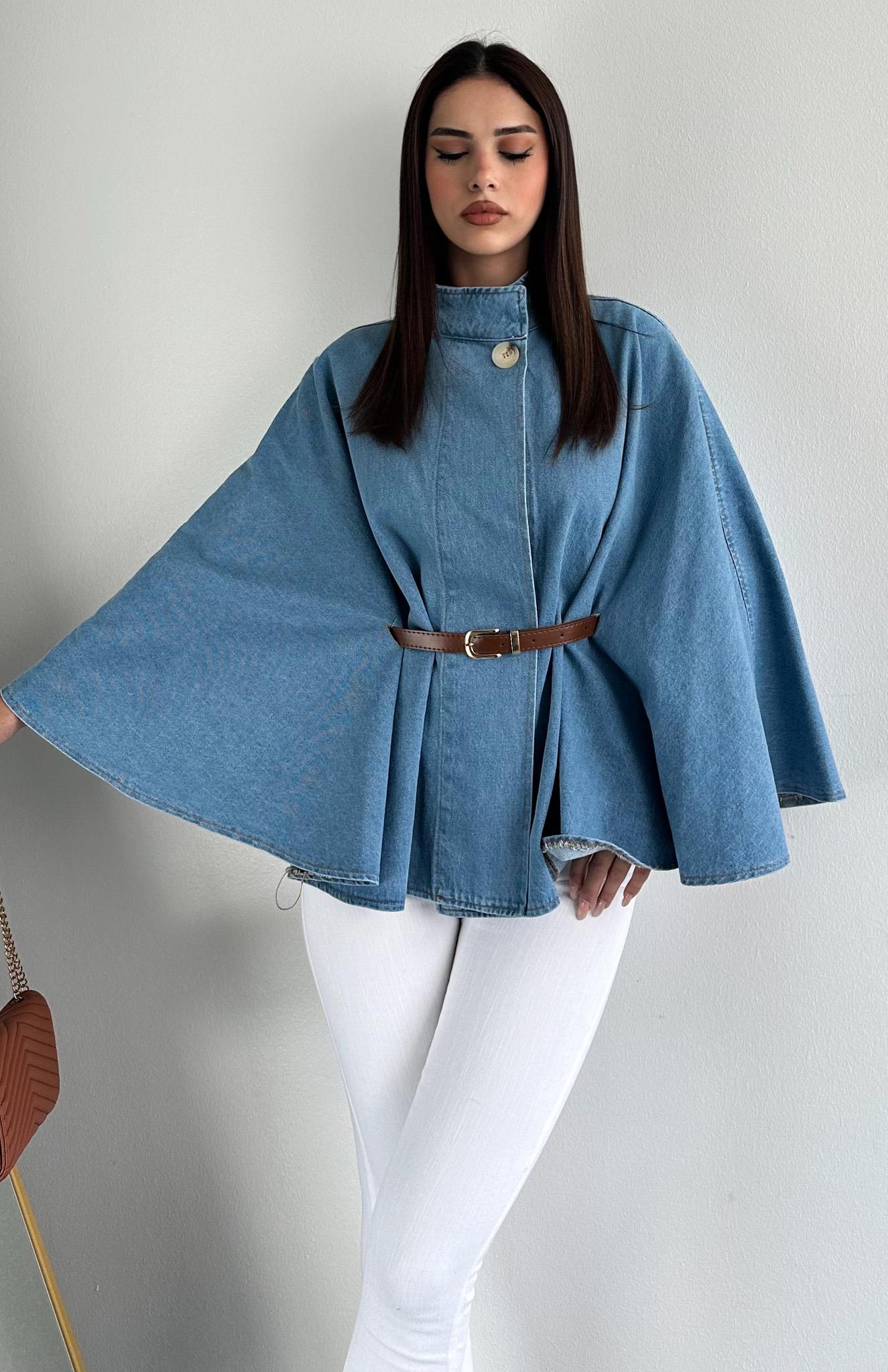 Denva – Blue Denim Co-ord Set with Belted Cape Jacket