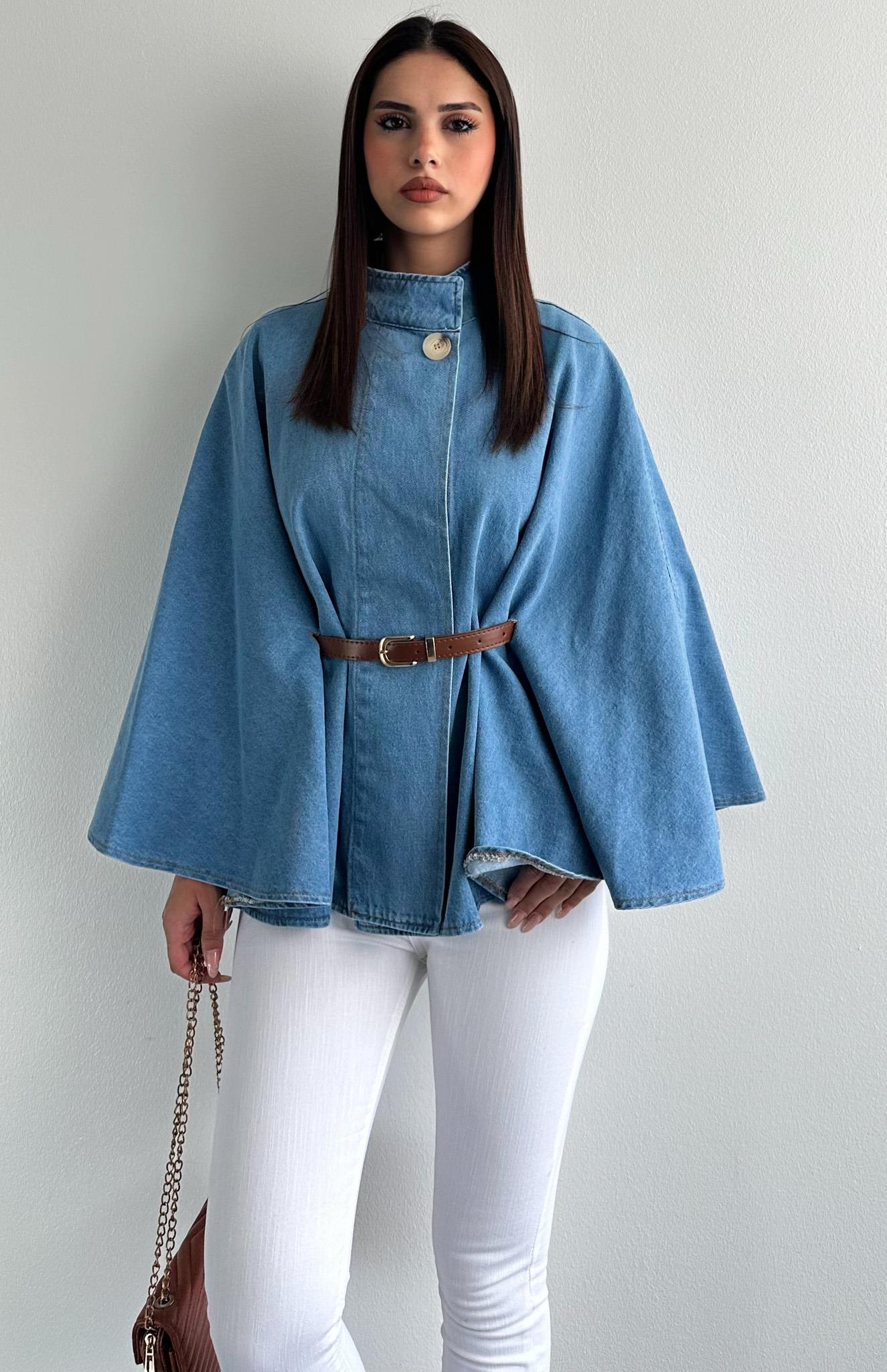 Denva – Blue Denim Co-ord Set with Belted Cape Jacket