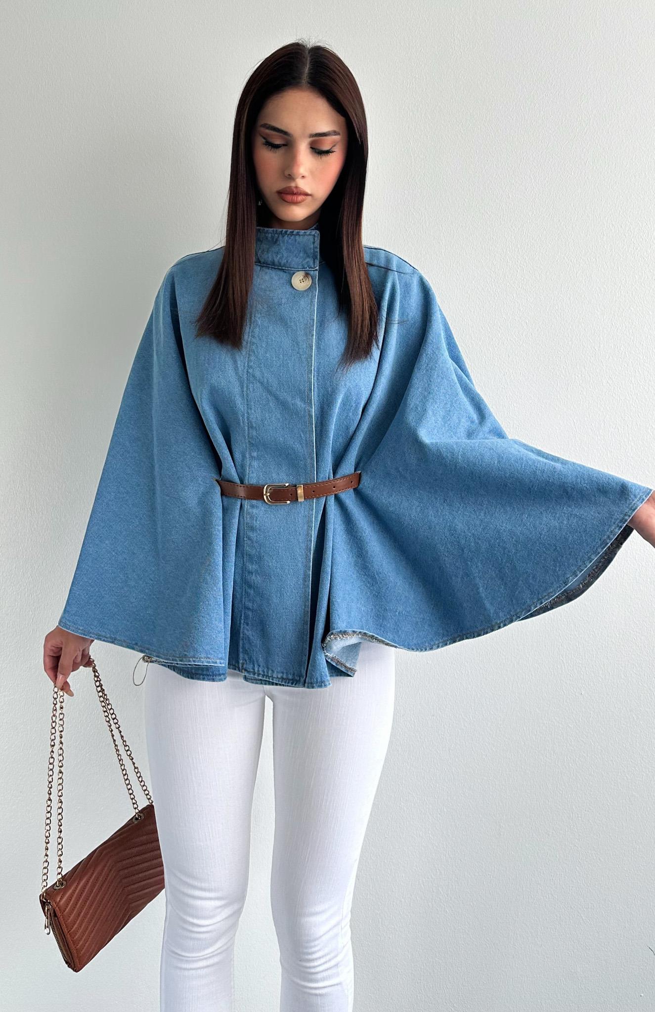 Denva – Blue Denim Co-ord Set with Belted Cape Jacket