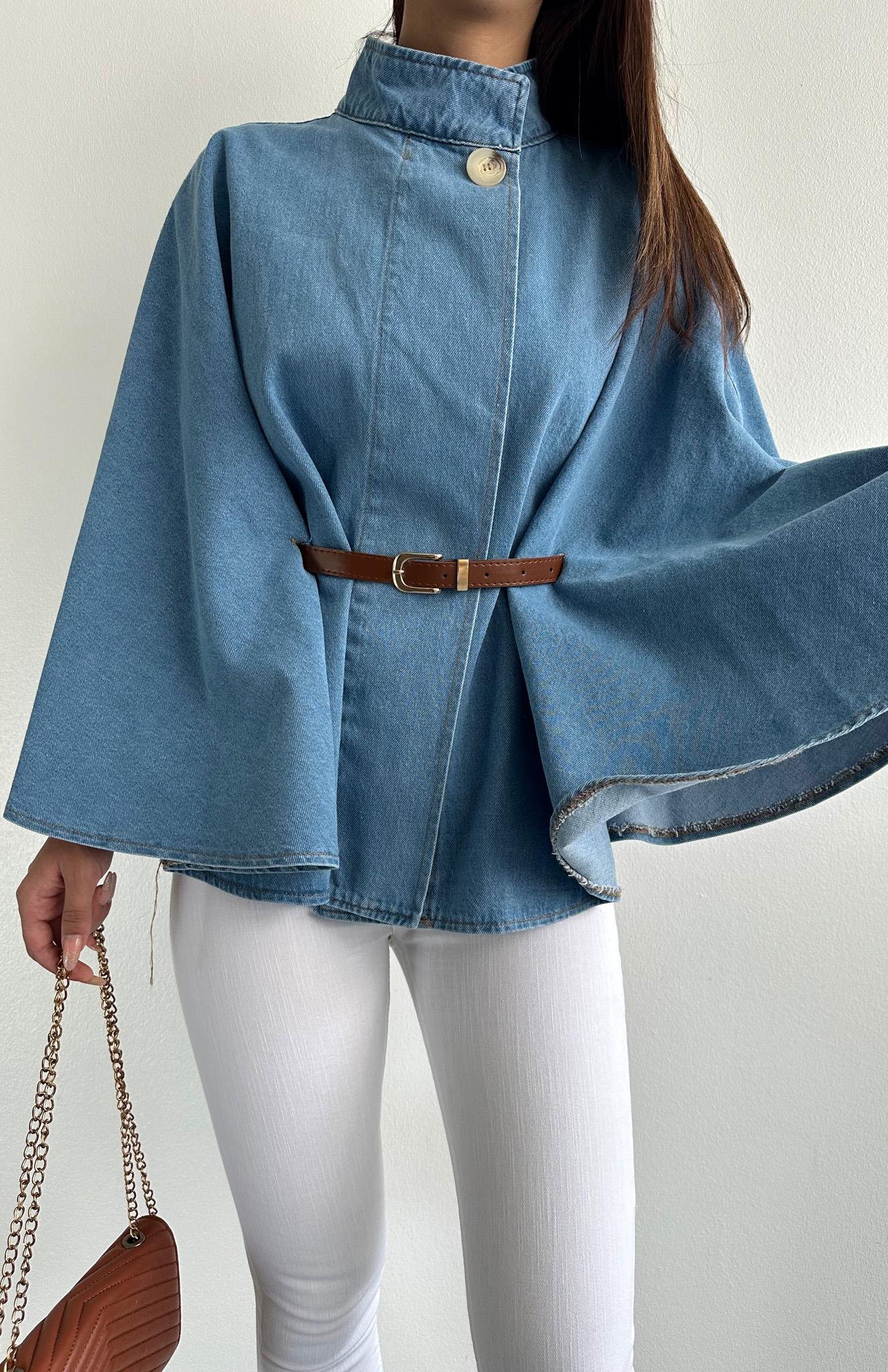 Denva – Blue Denim Co-ord Set with Belted Cape Jacket