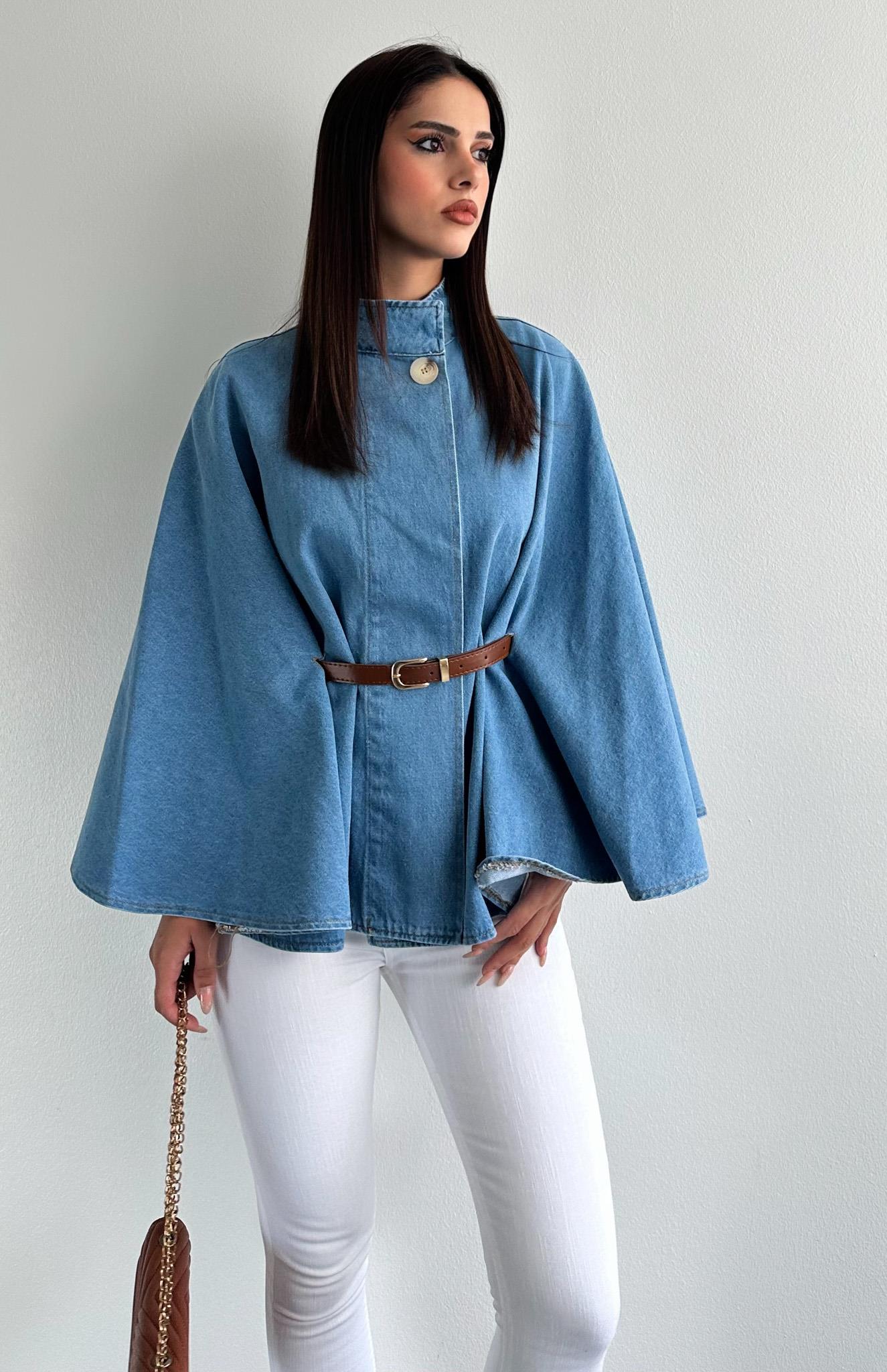 Denva – Blue Denim Co-ord Set with Belted Cape Jacket