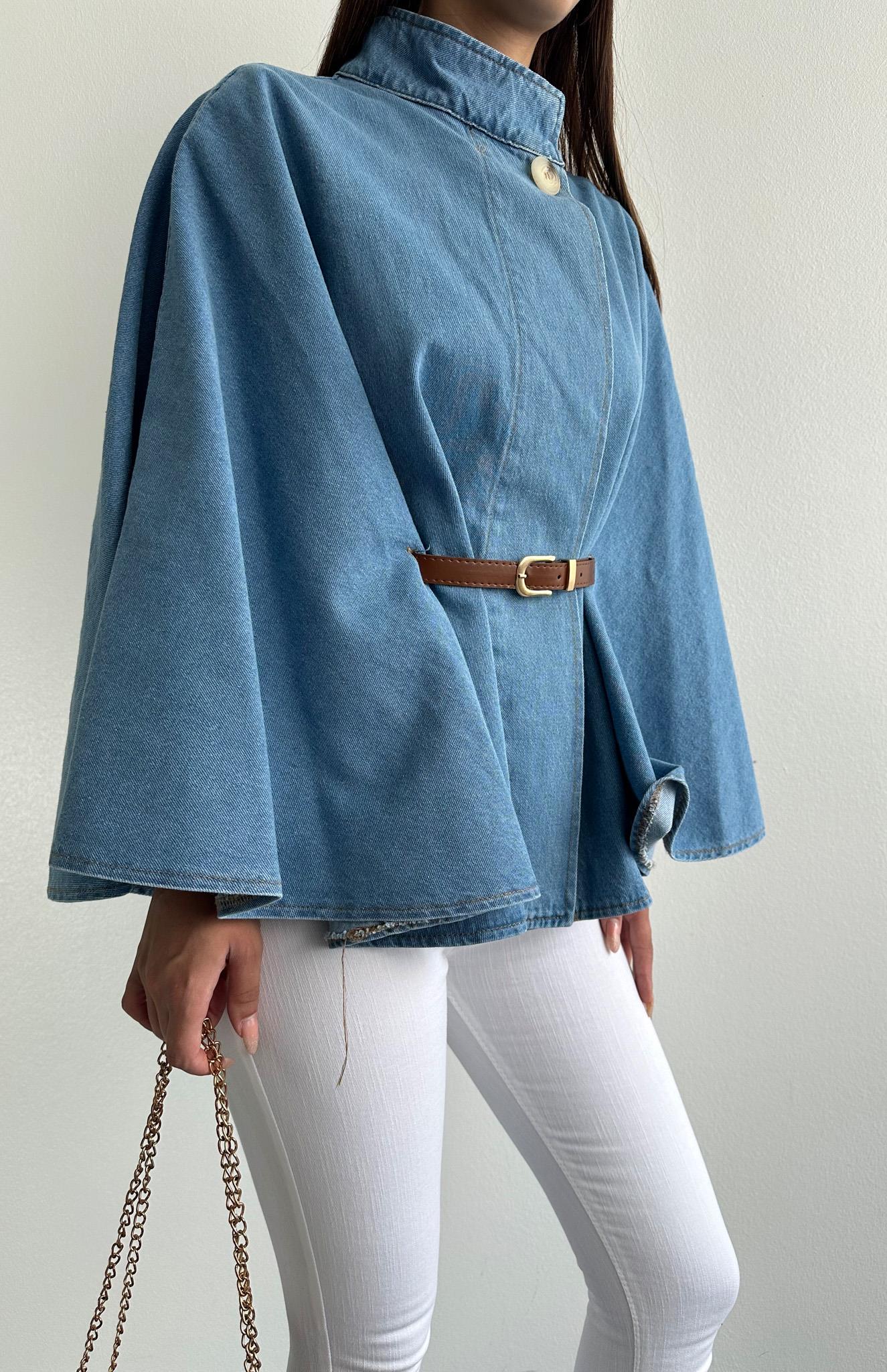 Denva – Blue Denim Co-ord Set with Belted Cape Jacket